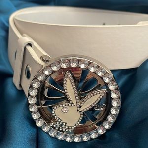 Y2K Vintage Rhinestone Bling Playboy Bunny Spinner Belt Buckle White Belt